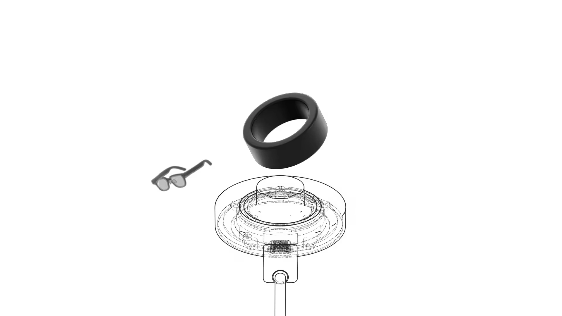 Exploded line drawing of the MIRA glasses with the parts floating apart