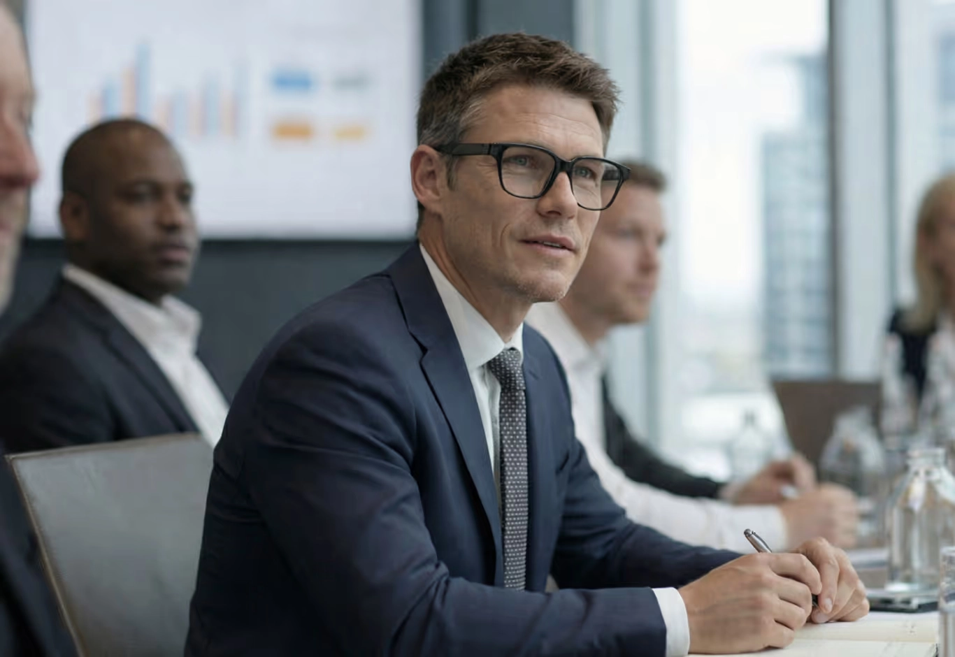 A man in a suit wearing MIRA glasses in a glass office