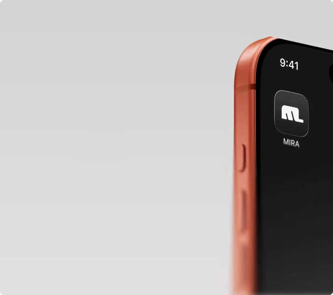 An orange phone showing the MIRA logo on its screen
