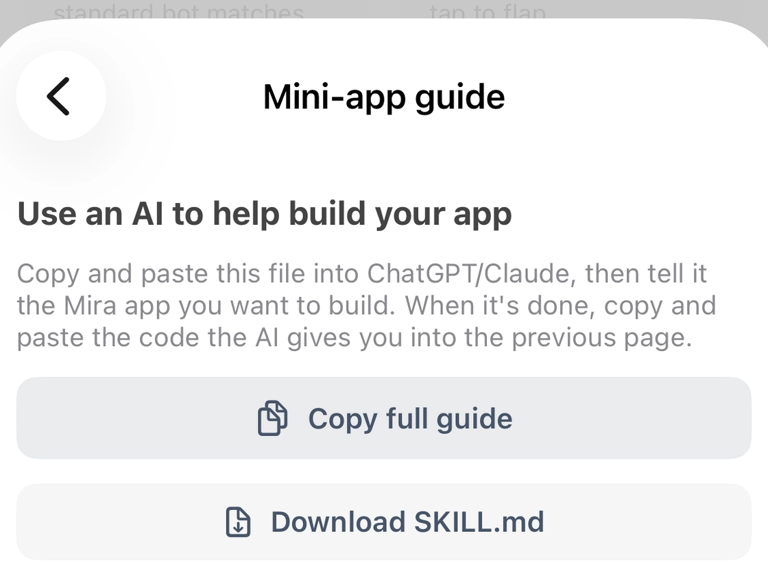 The Mini-app guide with Copy full guide and Download SKILL.md buttons